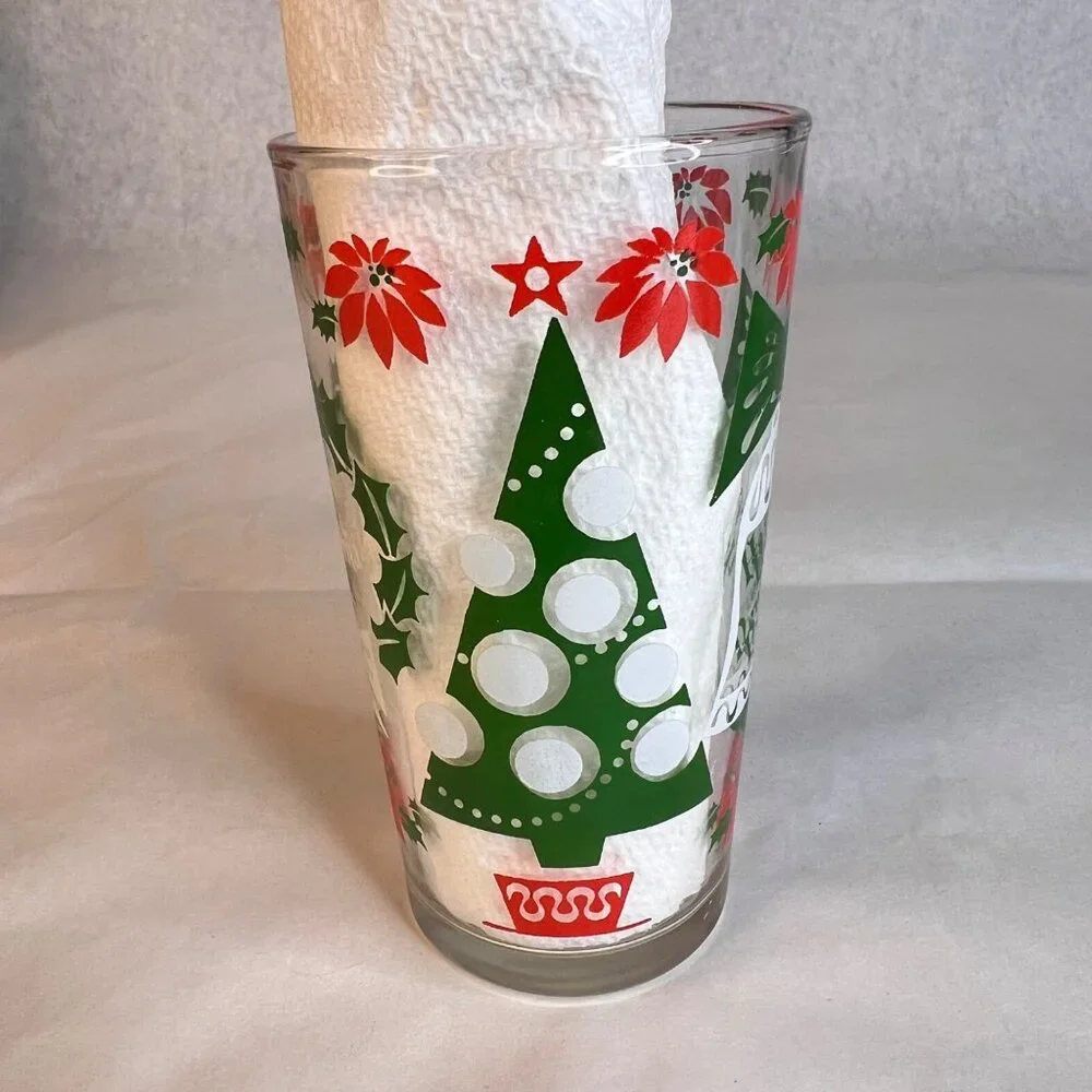5 Vintage Hazel Atlas Tumblers Christmas Drinking Glasses Happy New Year 10 OZ‎